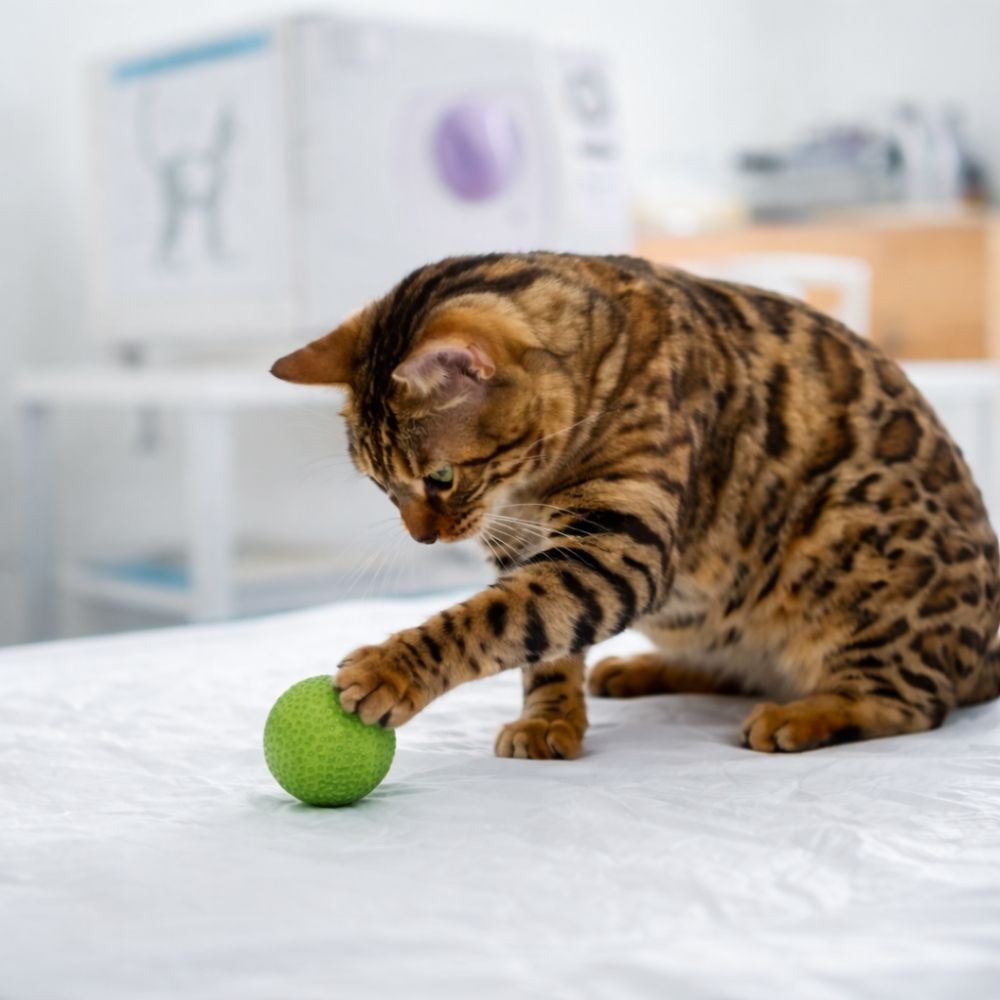 Bengal cat plays with ball