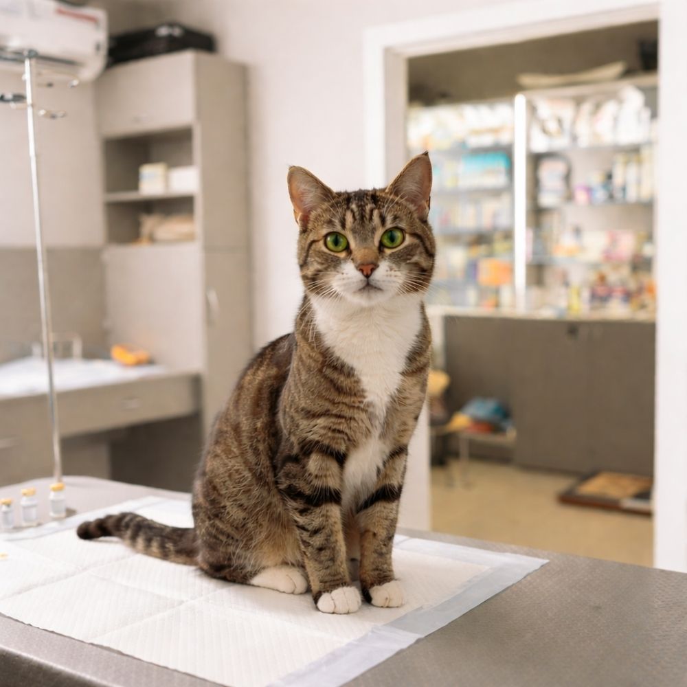 Tabby cat on exam table